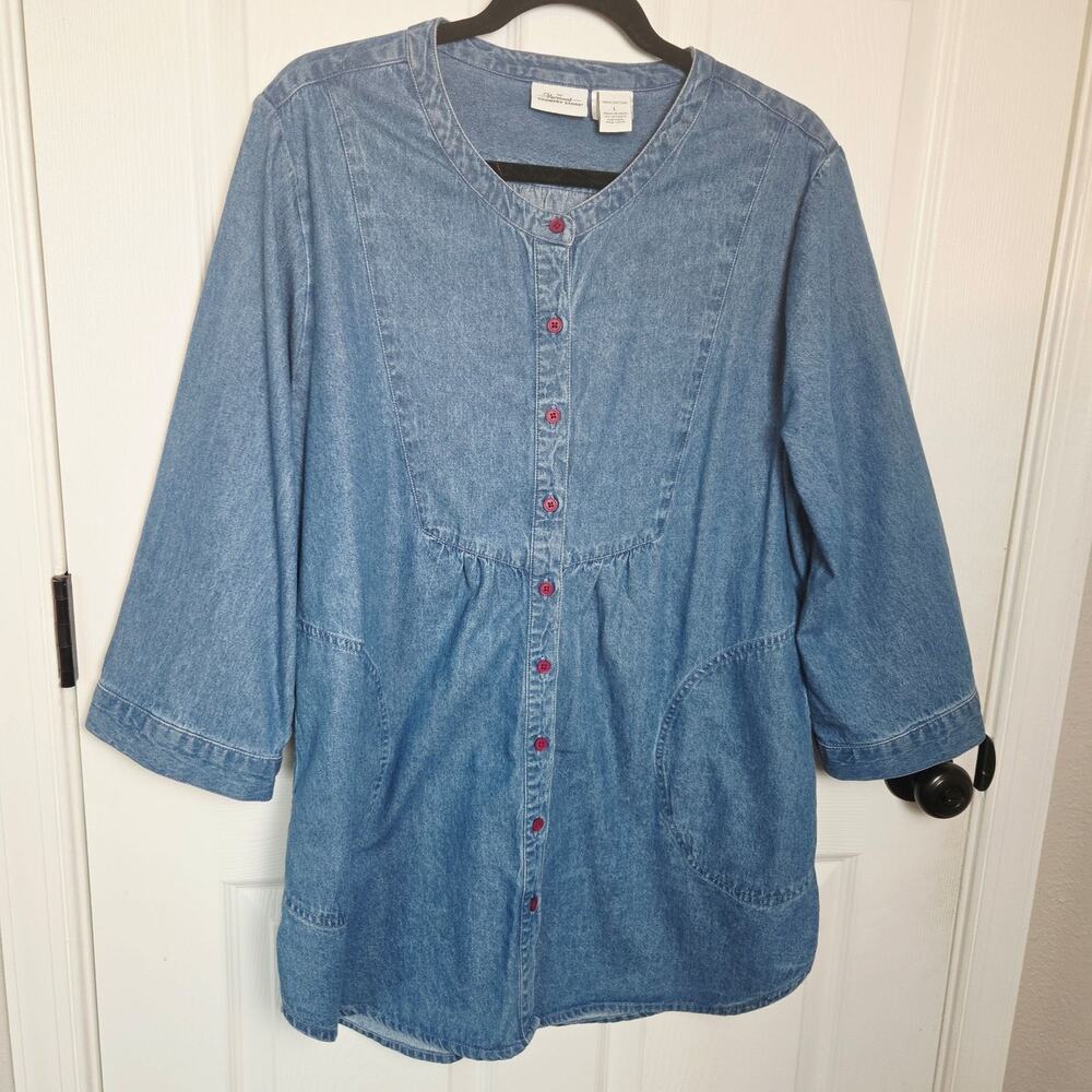 The Vermont Country Store Shirt Womens Large Blue Denim Tunic 3/4 Sleeve Pockets